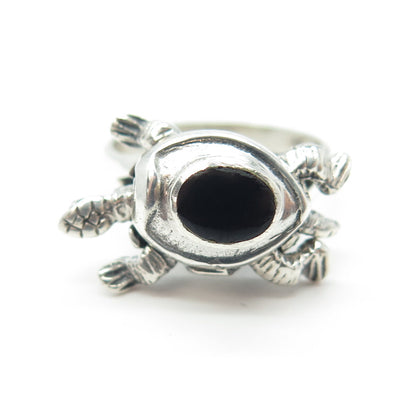 925 Sterling Silver Vintage Real Black Onyx Gemstone Turtle Ring Size 6.75
