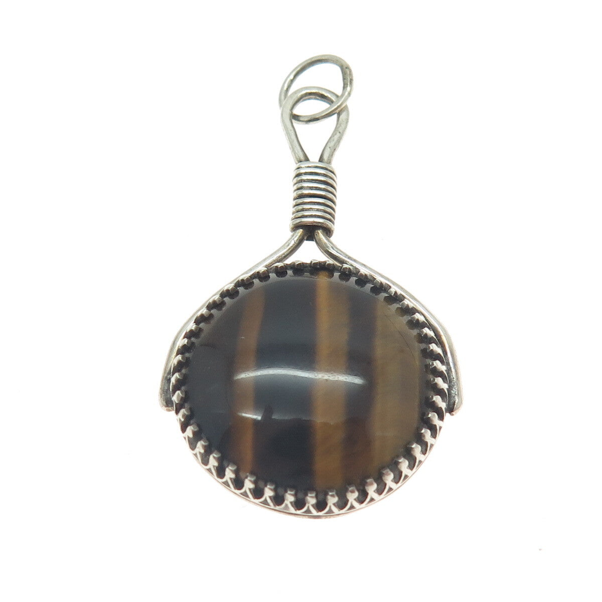 925 Sterling Silver Vintage Real Cabochon Tiger Eye Modernist Pendant