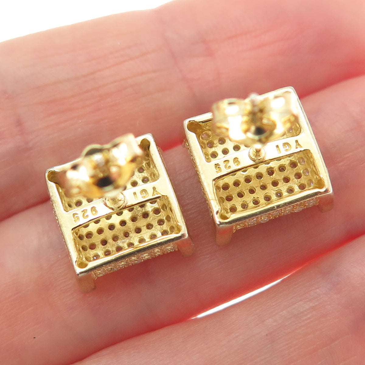 925 Sterling Silver Gold Plated Round-Cut C Z Sparkle Square Stud Earrings