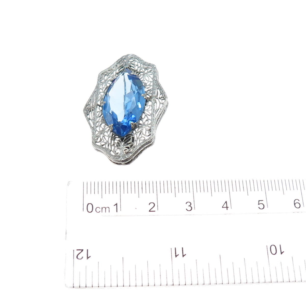Silver-Tone Antique Art Deco Blue Rhinestone Filigree Pin Brooch