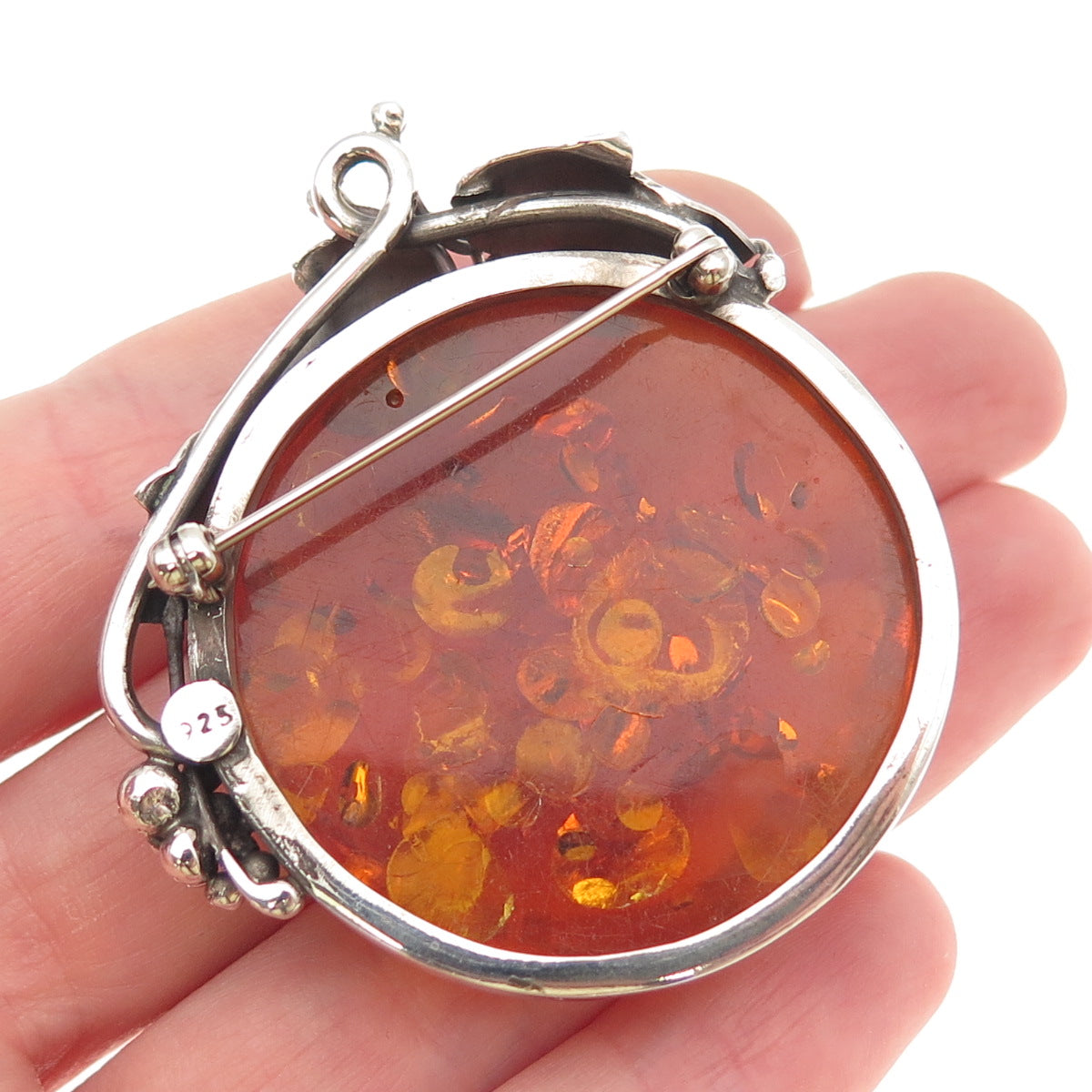 925 Sterling Silver Vintage Real Amber Modernist Floral Oxidized Pin Brooch