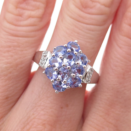 925 Sterling Silver Real Tanzanite & White Topaz Cluster Ring Size 8