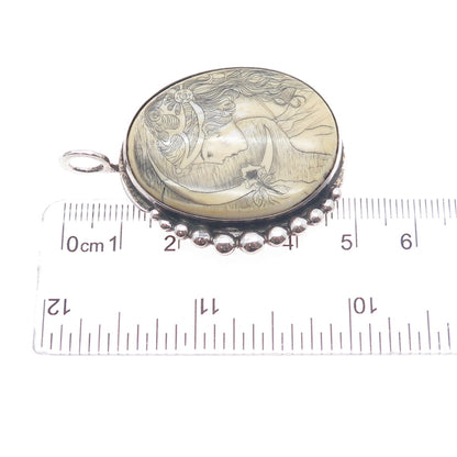 Old Pawn 925 Sterling Silver Vintage Southwestern Lady Cameo Oxidized Pendant