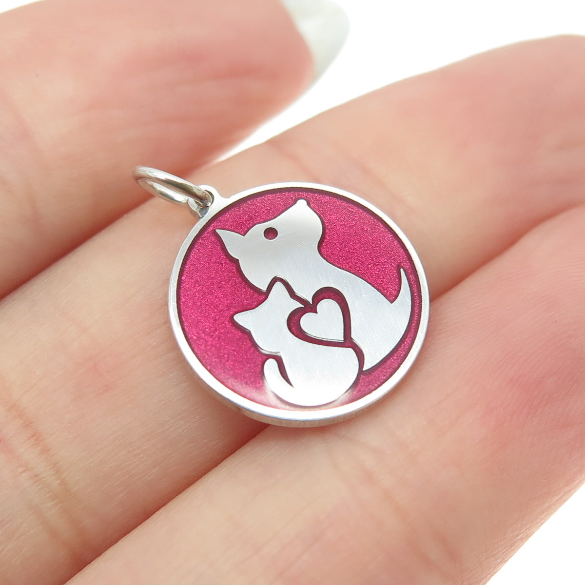 925 Sterling Silver Pink Enamel Dog & Cat Friendship Minimalist Charm Pendant