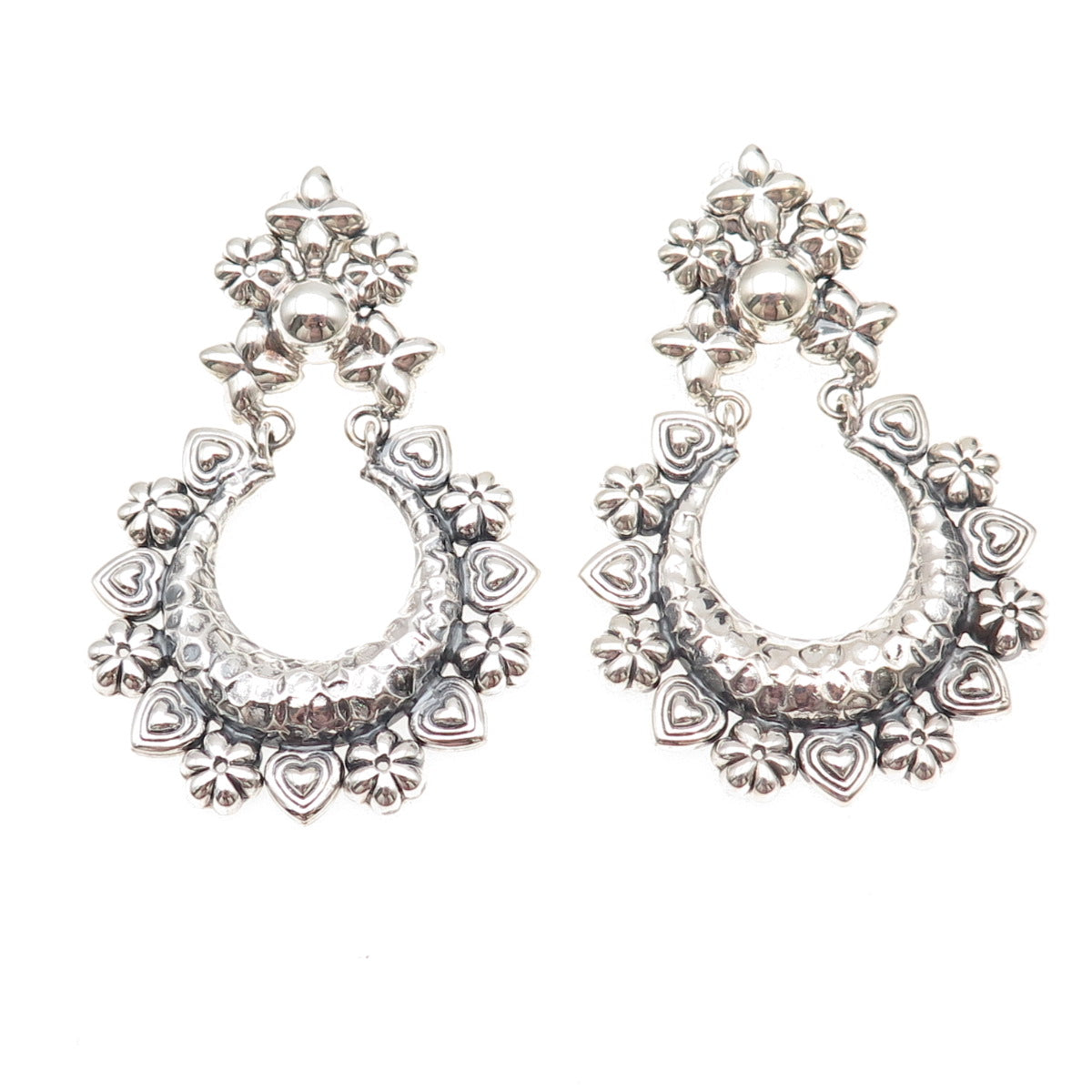 Arya 925 Sterling Silver Floral Heart Crescent Oxidized Dangle Earrings