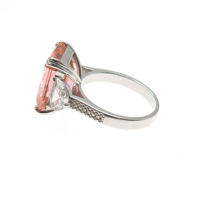 925 Sterling Silver Emerald-Cut Pink & Round-Cut White C Z Ring Size 9