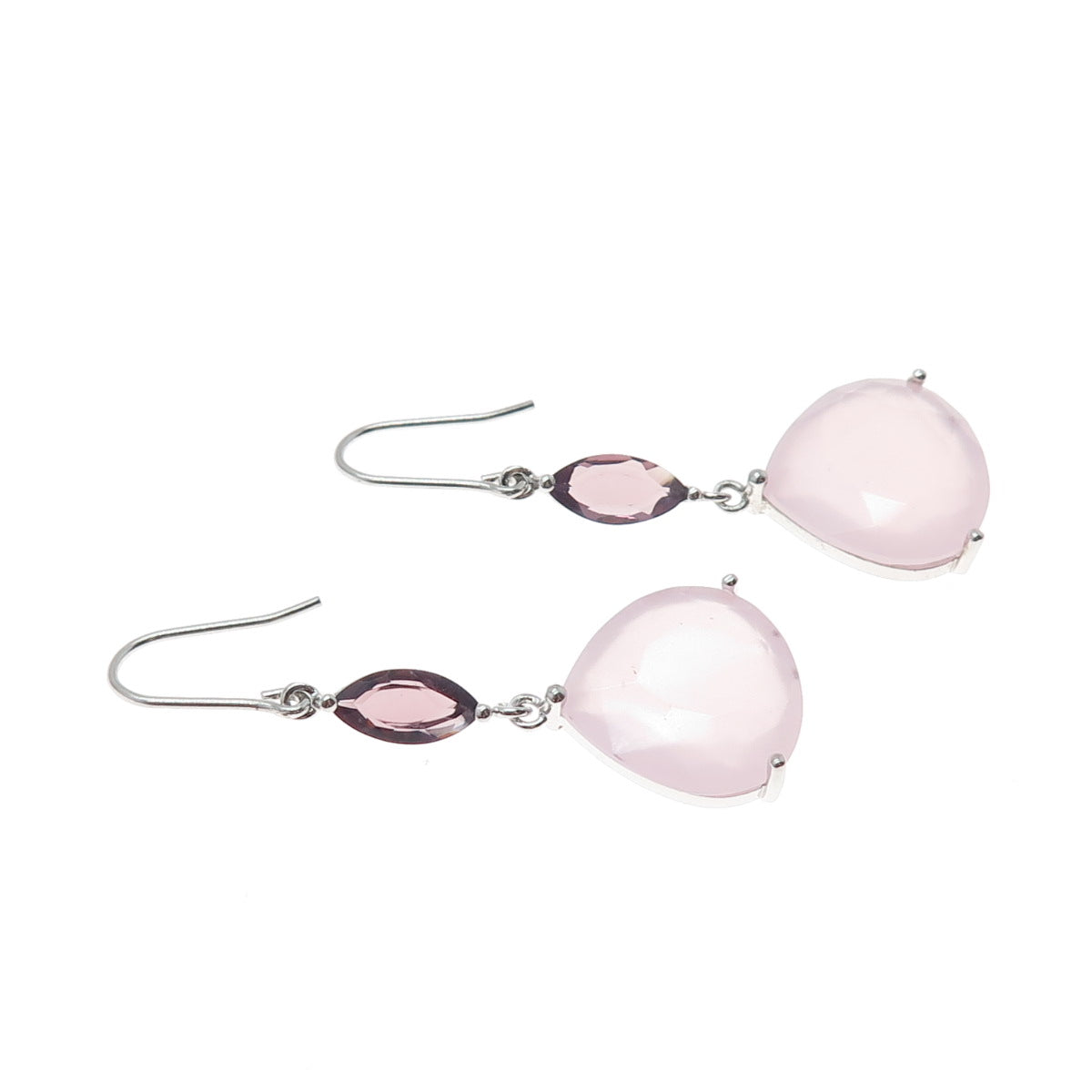 925 Sterling Silver Real Rose Chalcedony & Amethyst Dangle Earrings