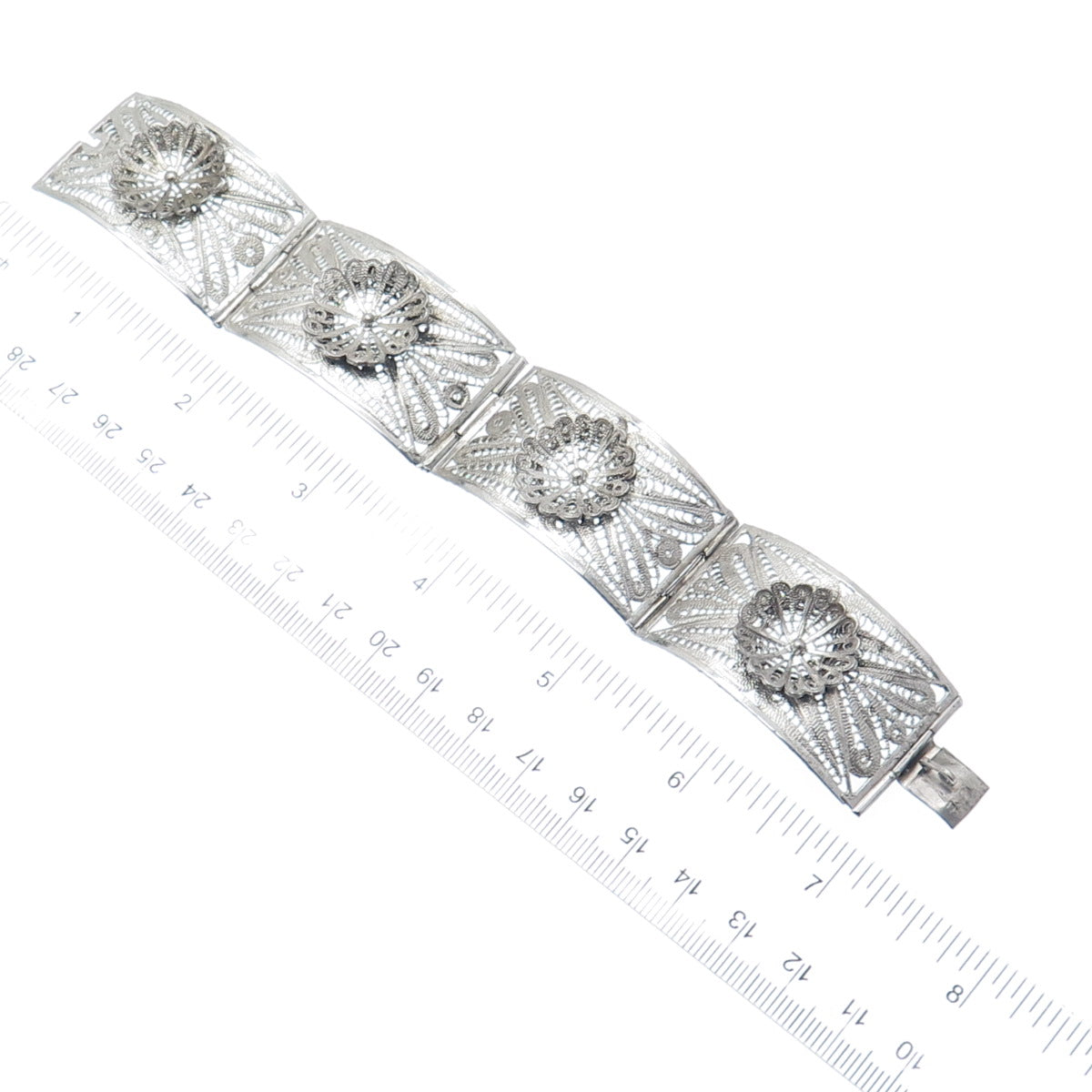 925 Sterling Silver Vintage Mexico Flower Filigree Panel Link Bracelet 7.25"