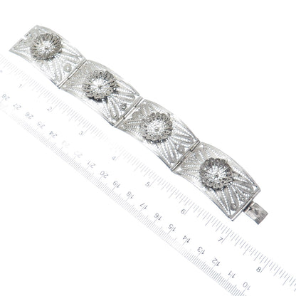 925 Sterling Silver Vintage Mexico Flower Filigree Panel Link Bracelet 7.25"