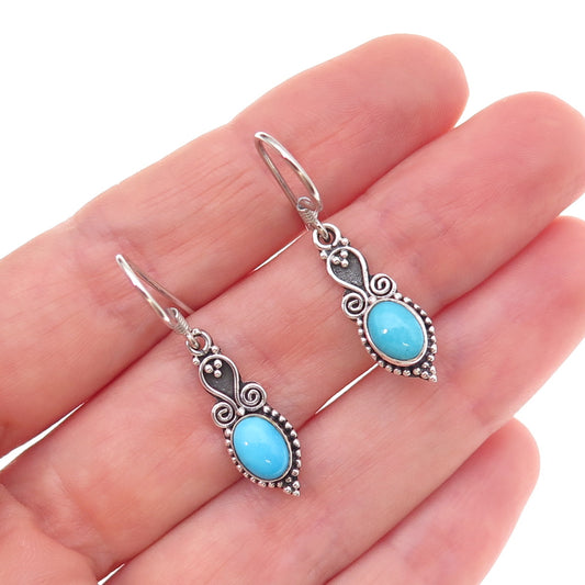 925 Sterling Silver Vintage Real Turquoise Oxidized Dangle Earrings