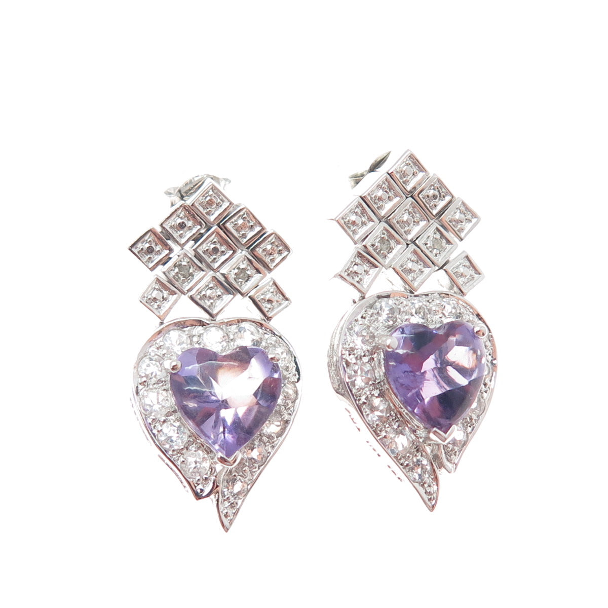 925 Sterling Silver Real Diamond Accent Amethyst & White Topaz Heart Earrings