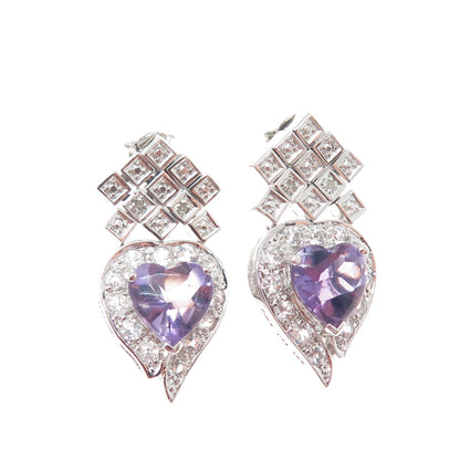 925 Sterling Silver Real Diamond Accent Amethyst & White Topaz Heart Earrings