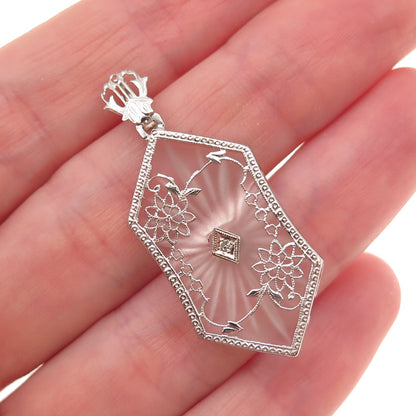 14K White Gold Antique Victorian Real Diamond Camphor Frosted Glass Pendant