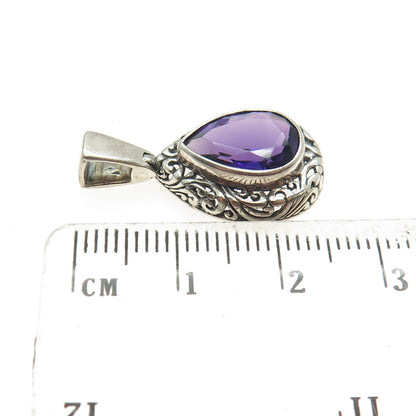 ATI 925 Sterling Silver Vintage Real Pear-Cut Amethyst Gem Swirl Ornate Pendant