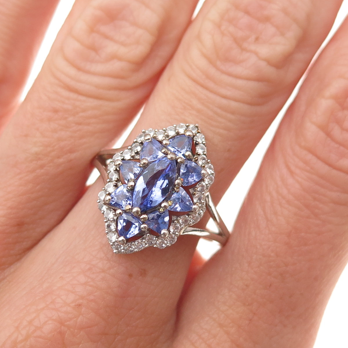 Chuck Clemency 925 Sterling Silver Real Tanzanite & White Topaz Ring Size 8