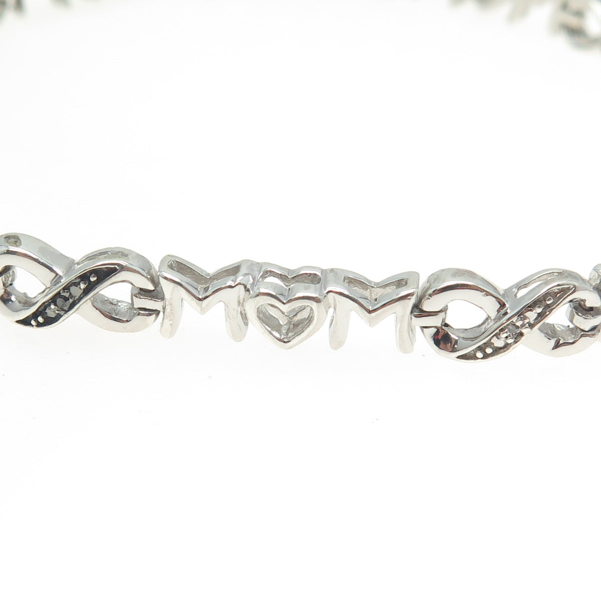 925 Sterling Silver Real Black & White Diamond Mom Infinity Link Bracelet 7.25"