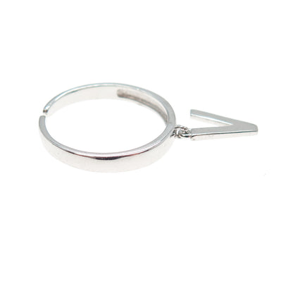 925 Sterling Silver Vintage Letter V Dangle Charm Adjustable Ring Size 6