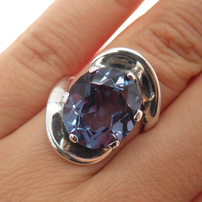925 Sterling Silver Vintage Lab-Created Peacock Sapphire Modernist Ring Size 5