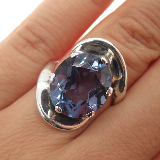925 Sterling Silver Vintage Lab-Created Peacock Sapphire Modernist Ring Size 5