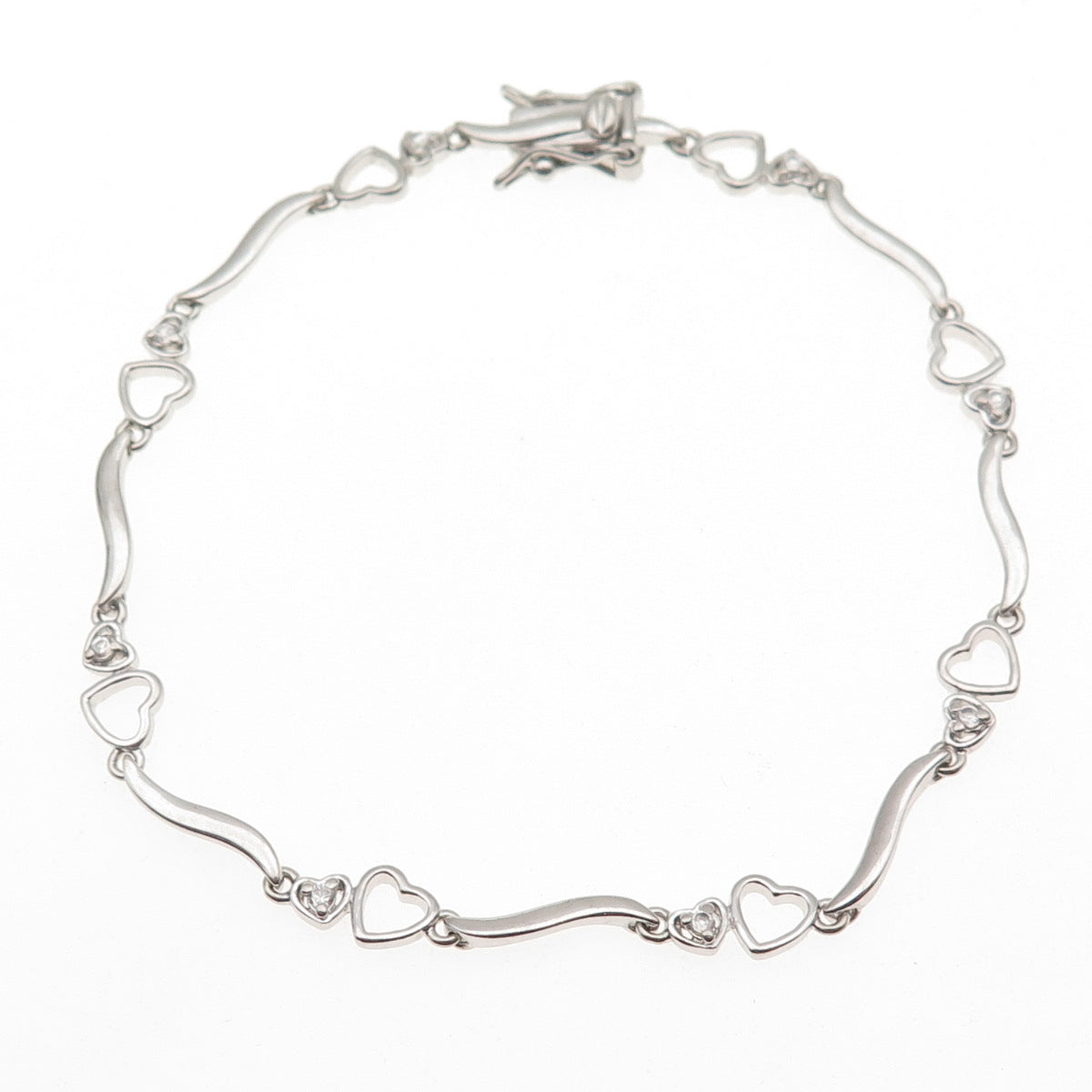 Ross Simons 925 Sterling Silver Round-Cut C Z Heart Wavy Bar Link Bracelet 7.25"