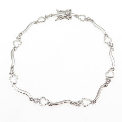 Ross Simons 925 Sterling Silver Round-Cut C Z Heart Wavy Bar Link Bracelet 7.25"