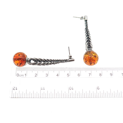 925 Sterling Silver Vintage Poland Real Amber Modernist Drop Dangle Earrings