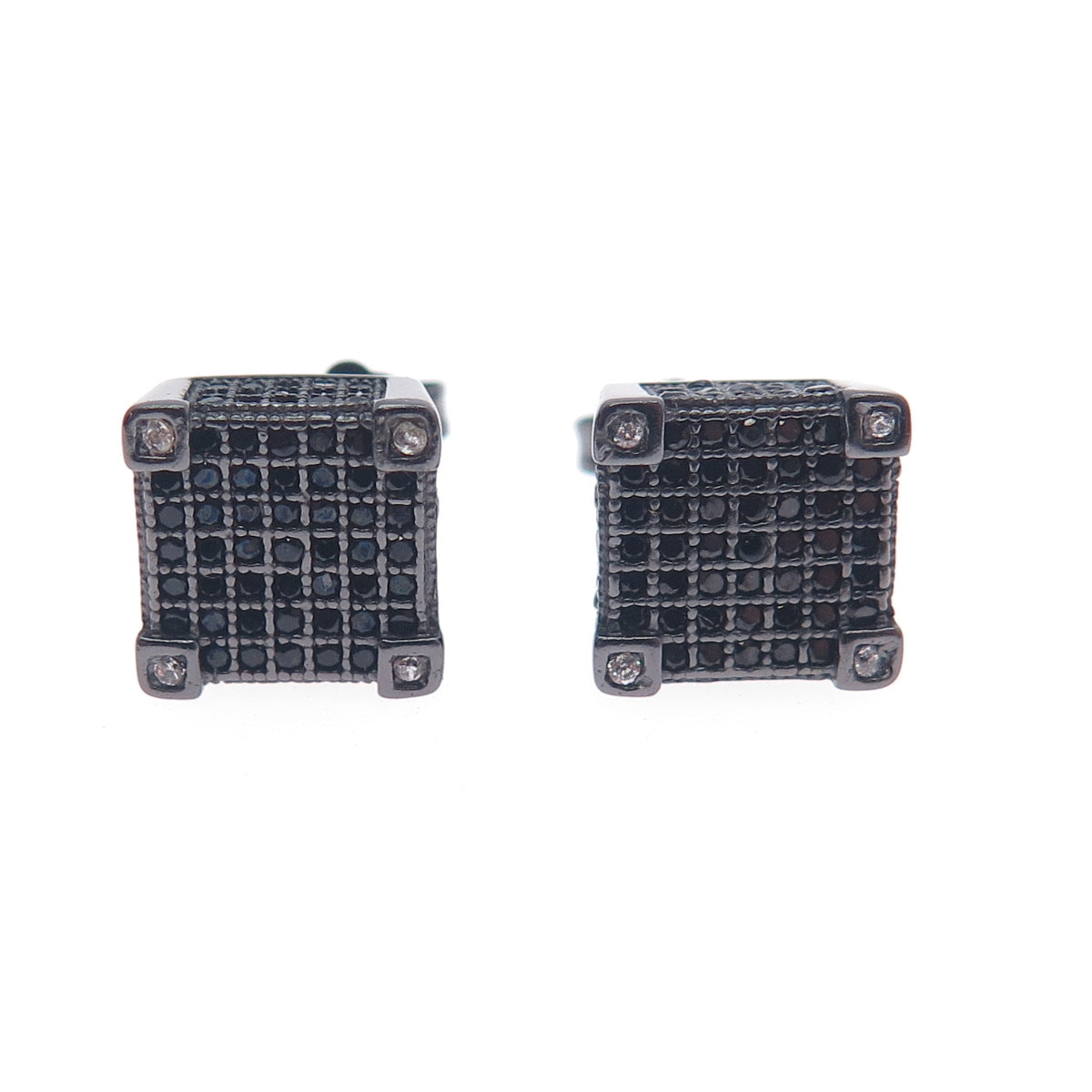 925 Sterling Silver Black Rhodium Round-Cut C Z Square Stud Earrings