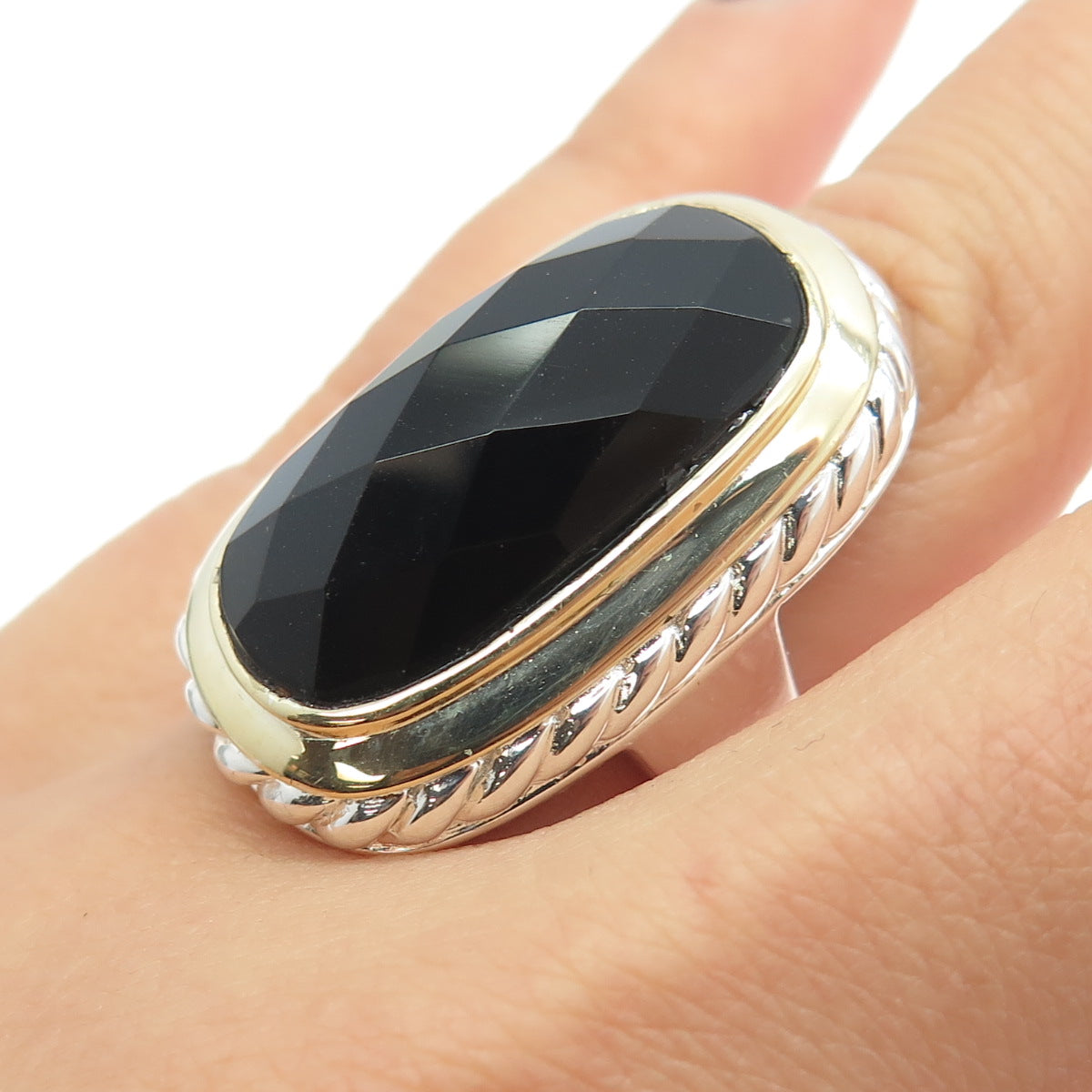 925 Sterling Silver 2-Tone Real Black Onyx Gemstone Statement Ring Size 5.75