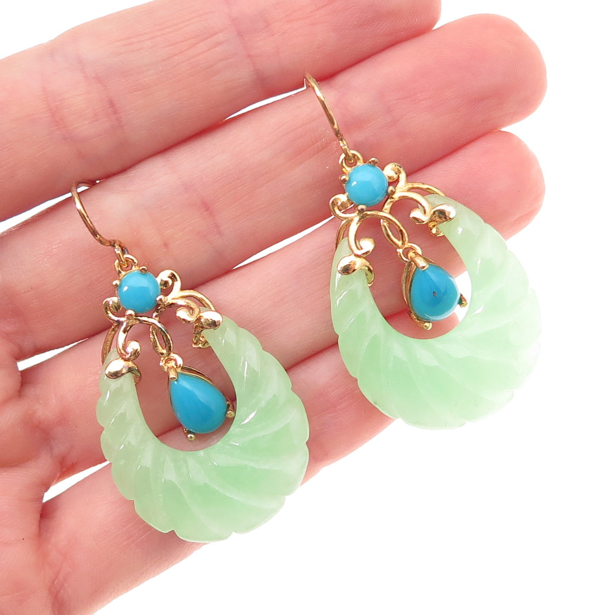 925 Sterling Silver Gold Plated Real Turquoise & Jade Teardrop Dangle Earrings