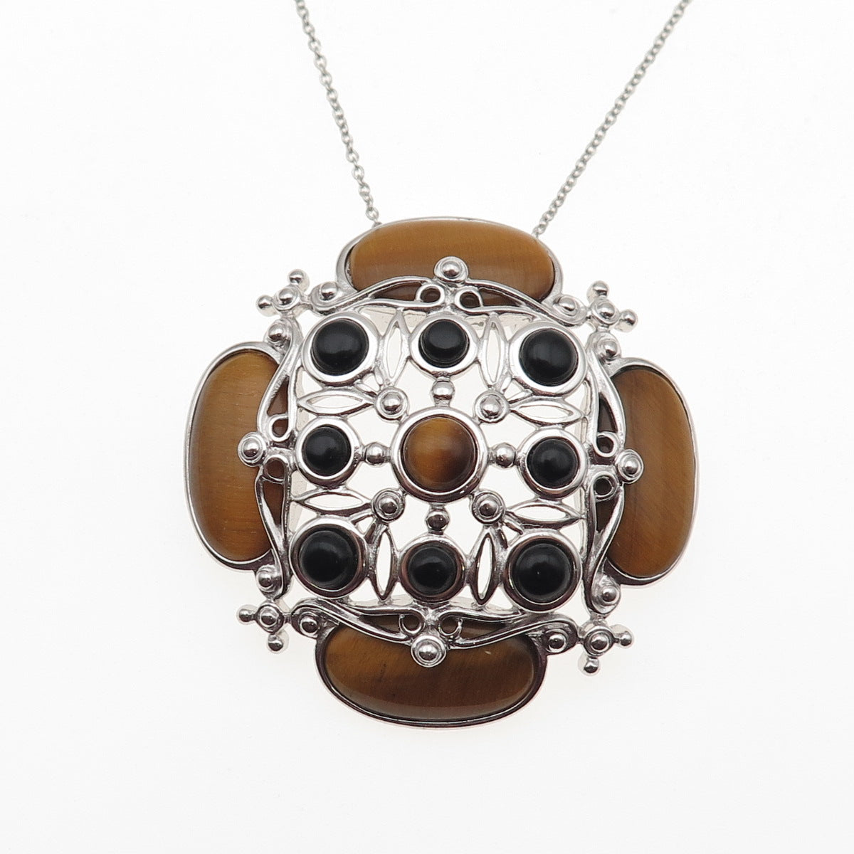 Ross Simons 925 Sterling Silver Vintage Real Tiger Eye & Black Onyx Necklace 18"