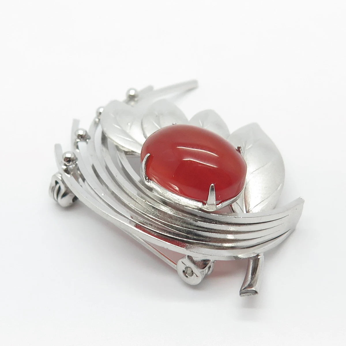 Silver-Tone Antique Real Carnelian Gemstone Leaf Pin Brooch