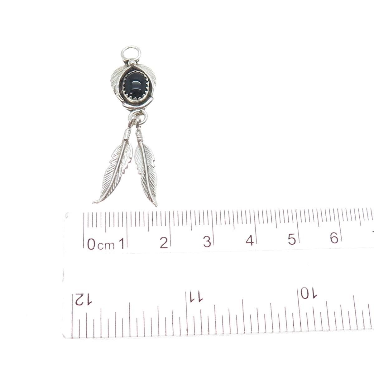 Benjamin James Navajo Old Pawn 925 Sterling Vintage Black Onyx Feather Pendant