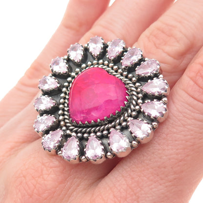 925 Sterling Silver Vintage Real Pink Agate & C Z Heart Adjustable Ring Size 9