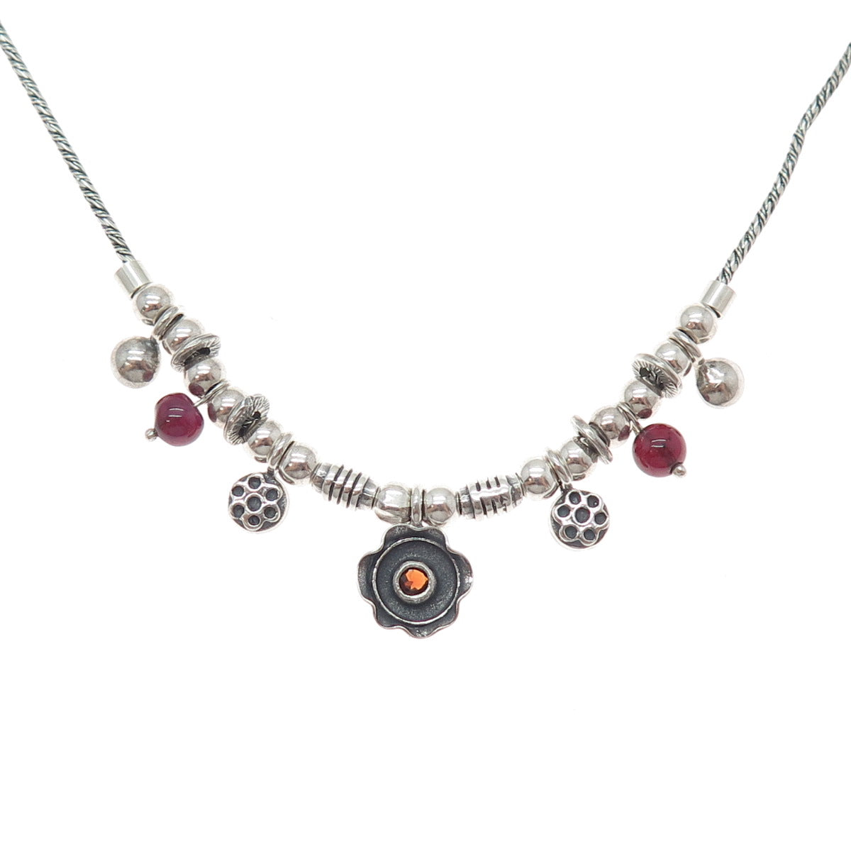 925 Sterling Silver Vintage Real Garnet Tourmaline Modernist Chain Necklace 18"