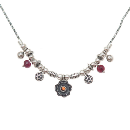 925 Sterling Silver Vintage Real Garnet Tourmaline Modernist Chain Necklace 18"