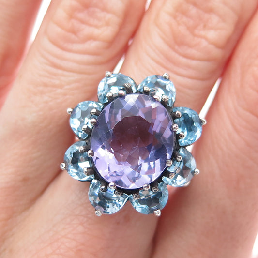 CHATEAU D'ARGENT 925 Sterling Vintage Real Amethyst & Blue Topaz Ring Size 7.25