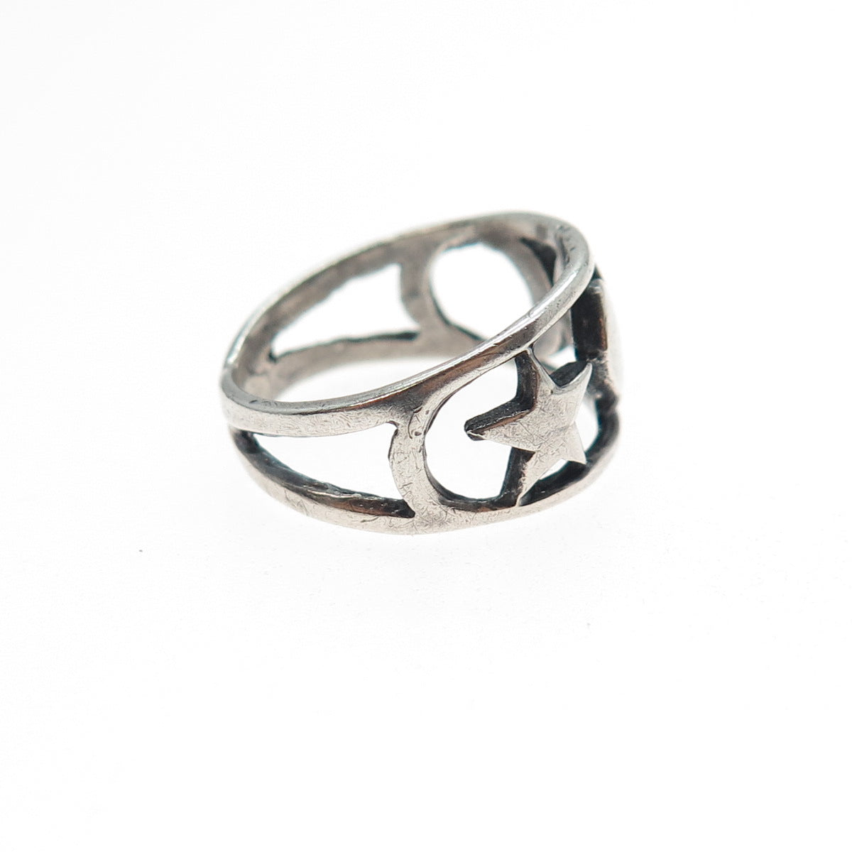 925 Sterling Silver Vintage Star Heart & Crescent Oxidized Ring Size 5