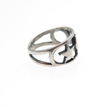 925 Sterling Silver Vintage Star Heart & Crescent Oxidized Ring Size 5
