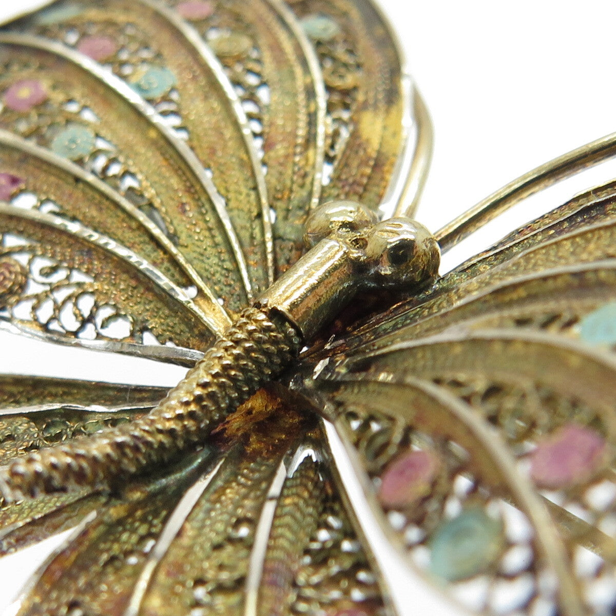 800 Silver Vintage Enamel Filigree Butterfly Pin Brooch