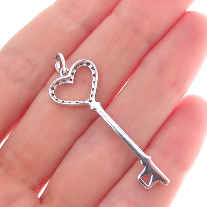 925 Sterling Silver Real Round-Cut Diamond Heart Key Charm Pendant