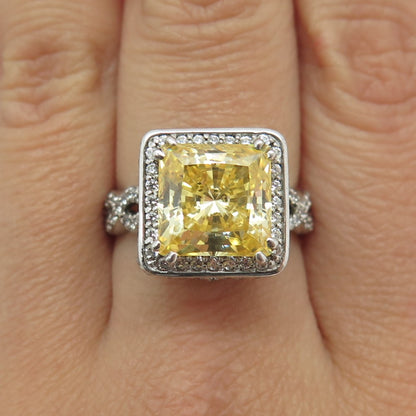 925 Sterling Silver Vintage Cushion-Cut Yellow & White C Z Ring Size 8.25