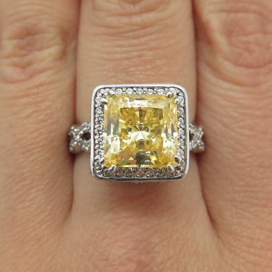 925 Sterling Silver Vintage Cushion-Cut Yellow & White C Z Ring Size 8.25