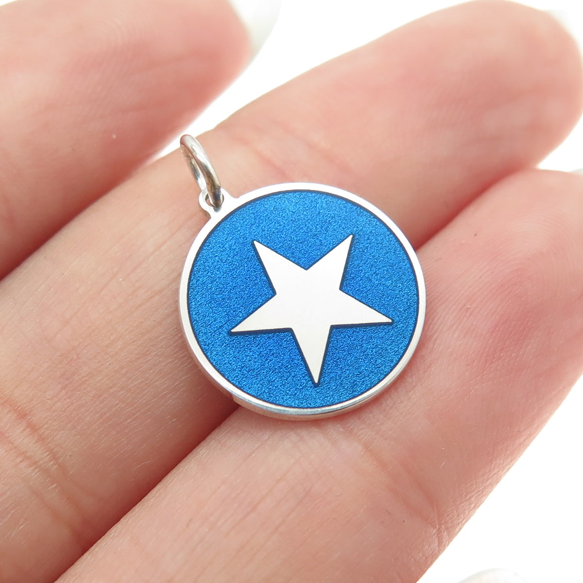 925 Sterling Silver Blue Enamel Star Round Tag Minimalist Charm Pendant