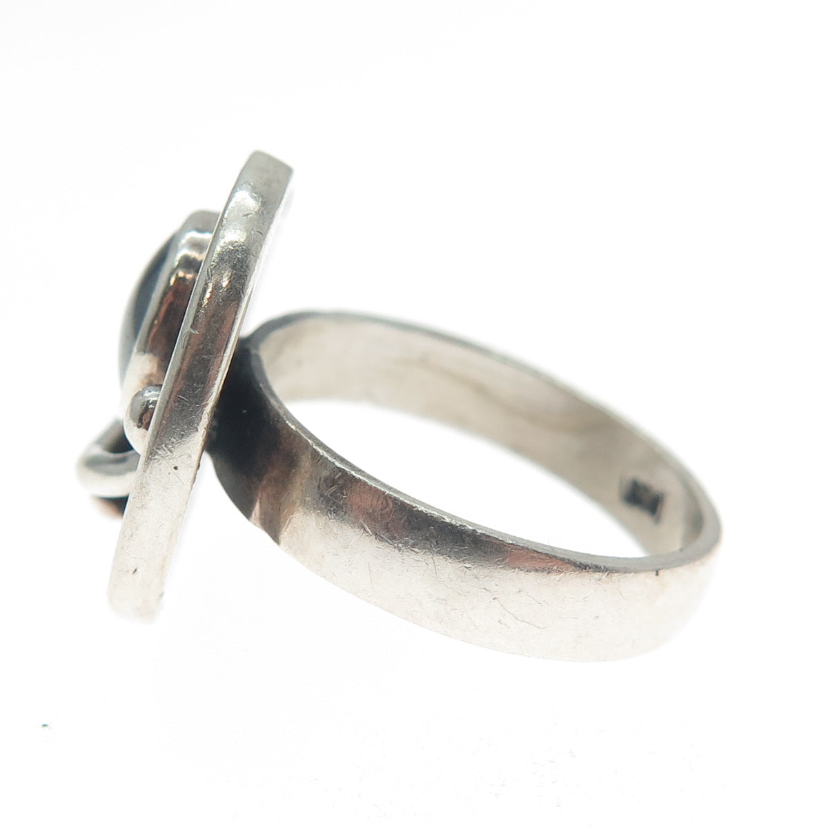 925 Sterling Silver Vintage Real Hematite Modernist Spiral Oxidized Ring Size 7