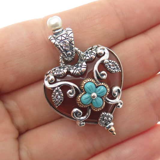 BARBARA BIXBY Sterling 18K Gold Carnelian Topaz Turquoise & Pearl Heart Pendant