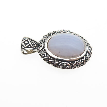 925 Sterling Silver Vintage Real Lace Agate Oxidized Charm Pendant