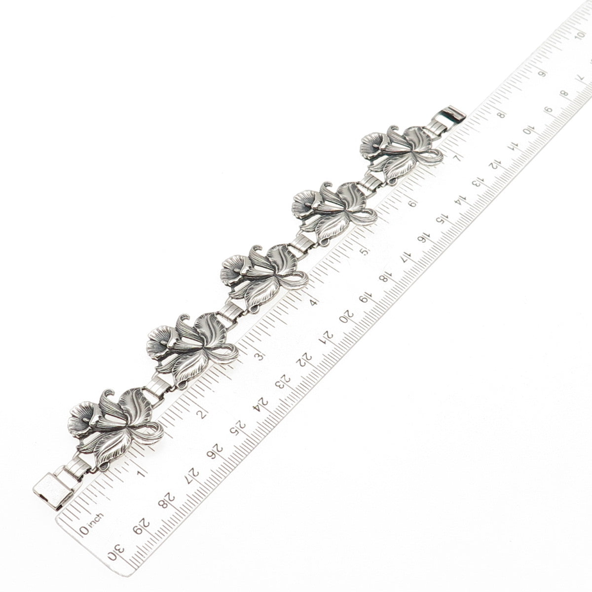 925 Sterling Silver Antique Art Deco Trumpet Flower Bracelet 7.5" Pat. 236854