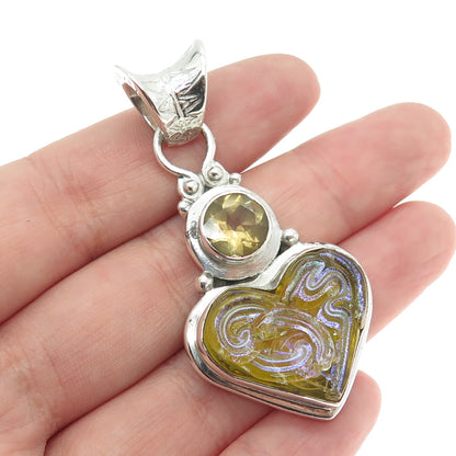 925 Sterling Silver Vintage Real Citrine Gemstone & Carved Glass Heart Pendant