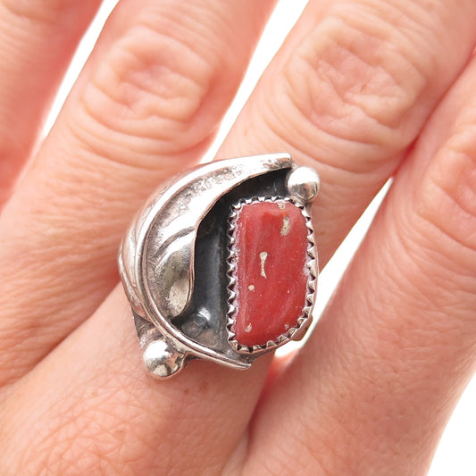 Rex Abeita Navajo Old Pawn Sterling Silver Vintage Coral Feather Ring Size 7.5