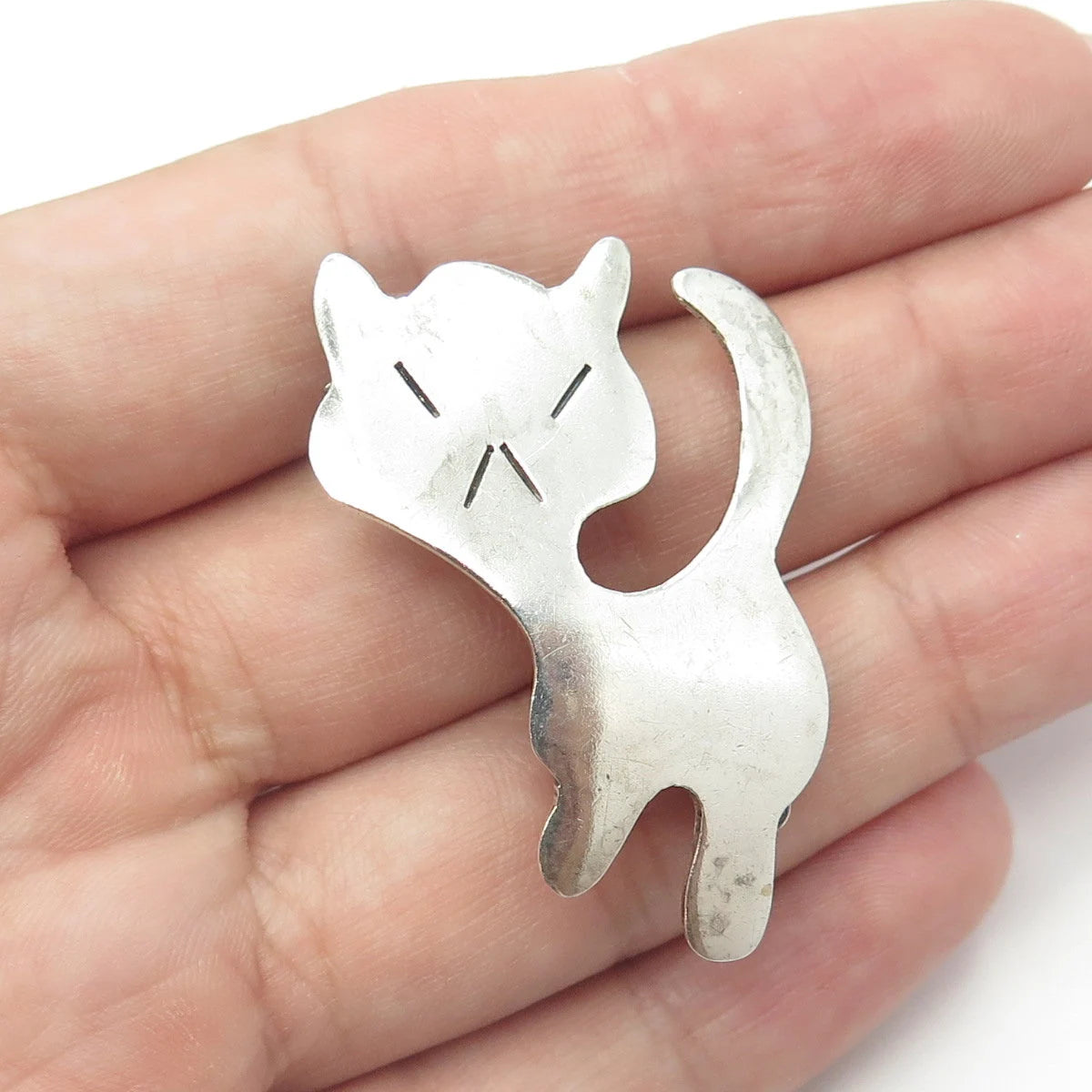 925 Sterling Silver Vintage Mexico Angry Cat Modernist Pin Brooch